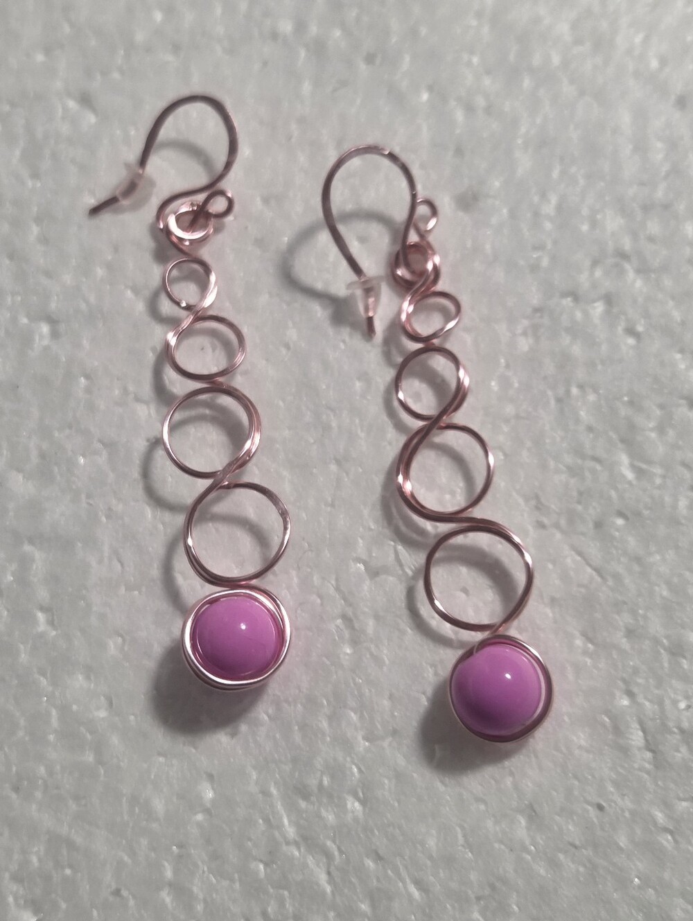 Handcrafted Pink Spiral Drop Earrings with Pink Stone